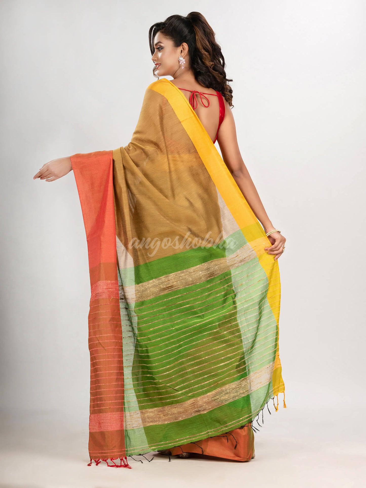 Muga & Light Green cotton blend half and half handloom saree