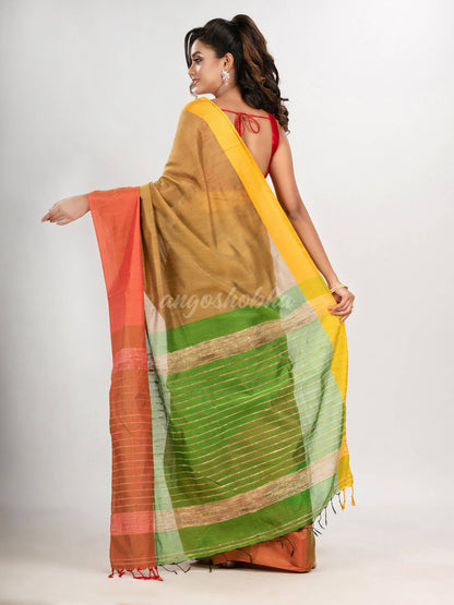 Muga & Light Green cotton blend half and half handloom saree