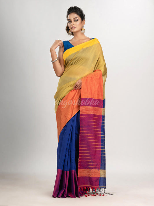 Muga & Blue cotton blend half and half handloom saree