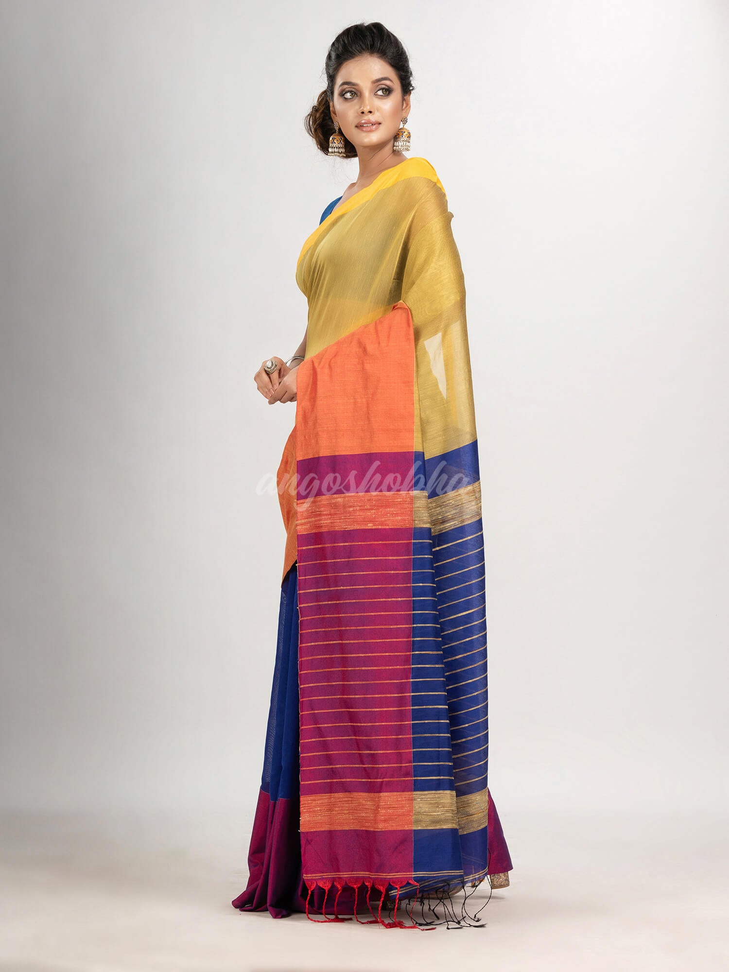 Muga & Blue cotton blend half and half handloom saree