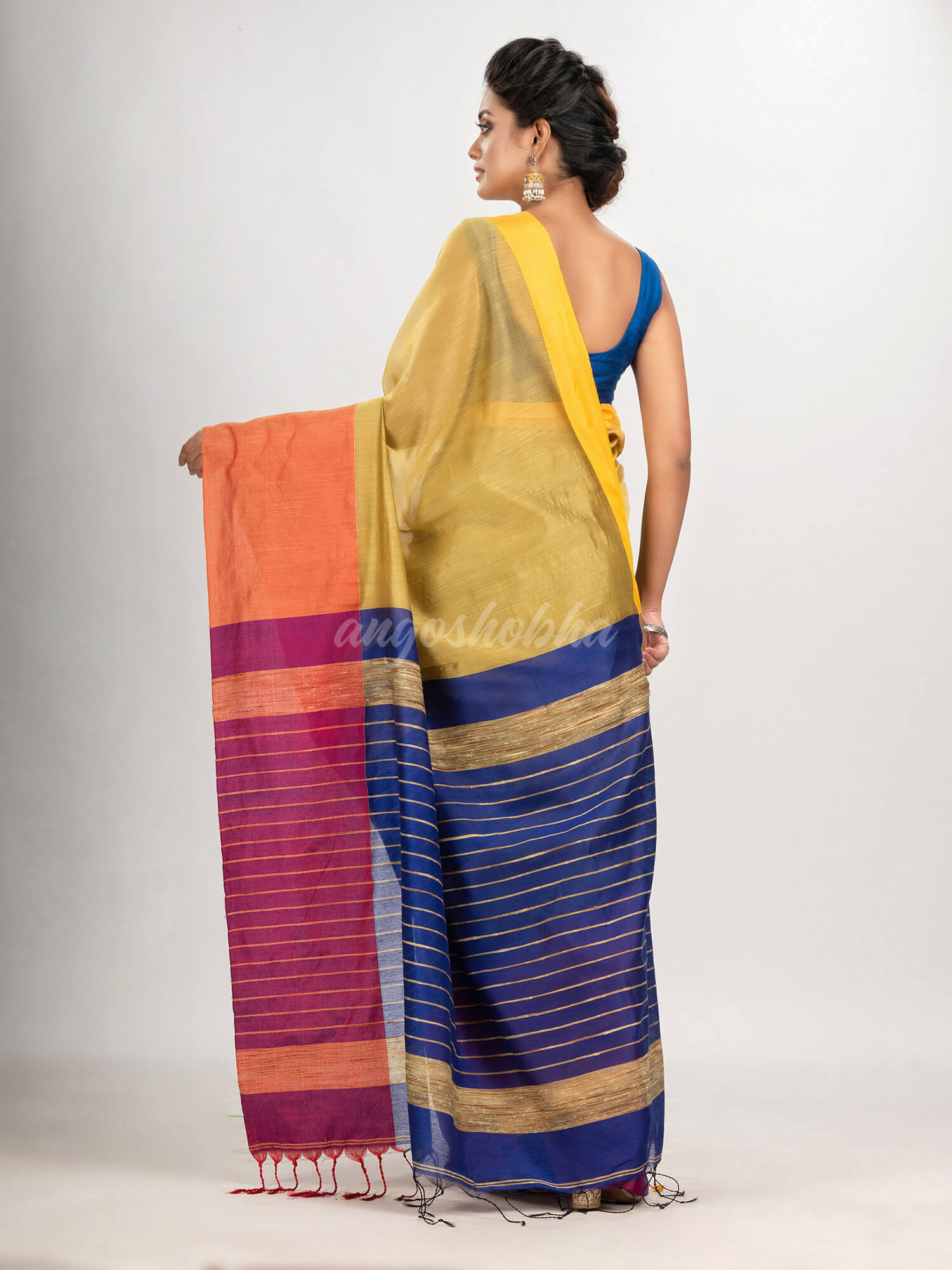 Muga & Blue cotton blend half and half handloom saree