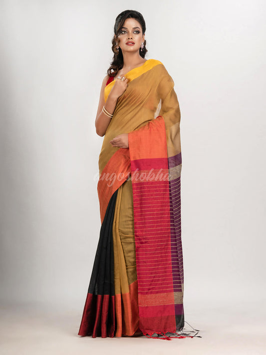 Beige & Black cotton blend half and half handloom saree