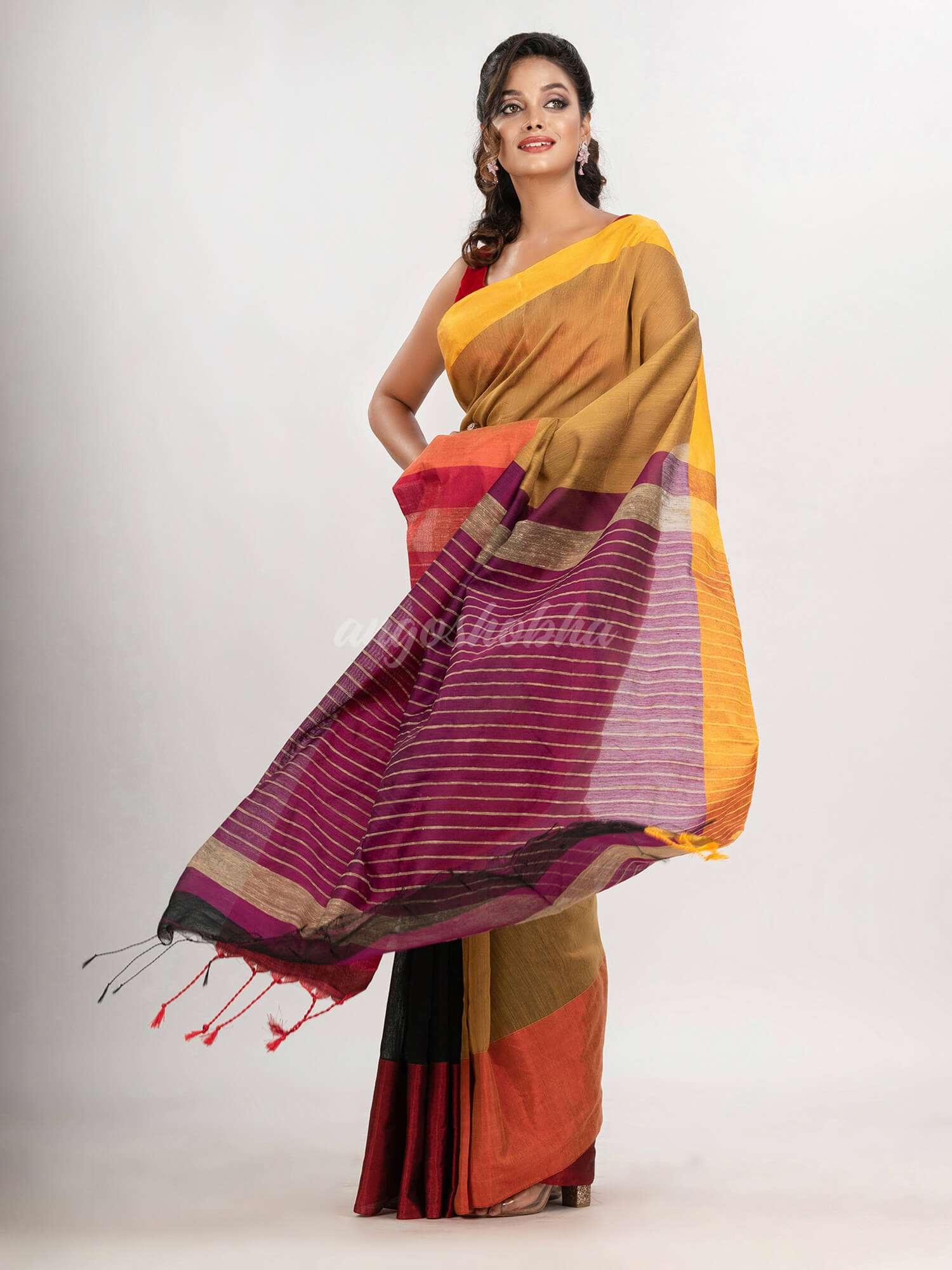 Beige & Black cotton blend half and half handloom saree