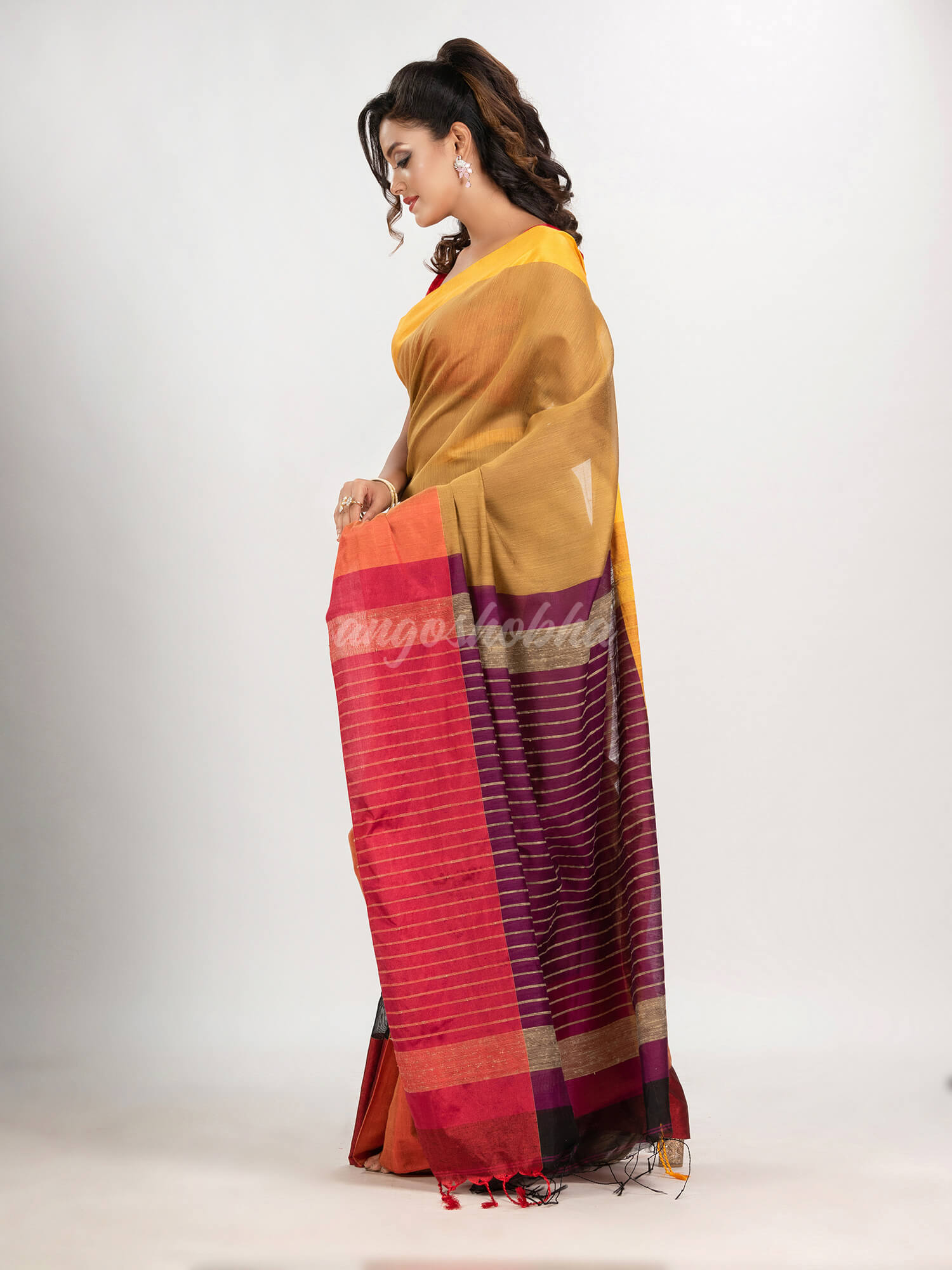 Beige & Black cotton blend half and half handloom saree