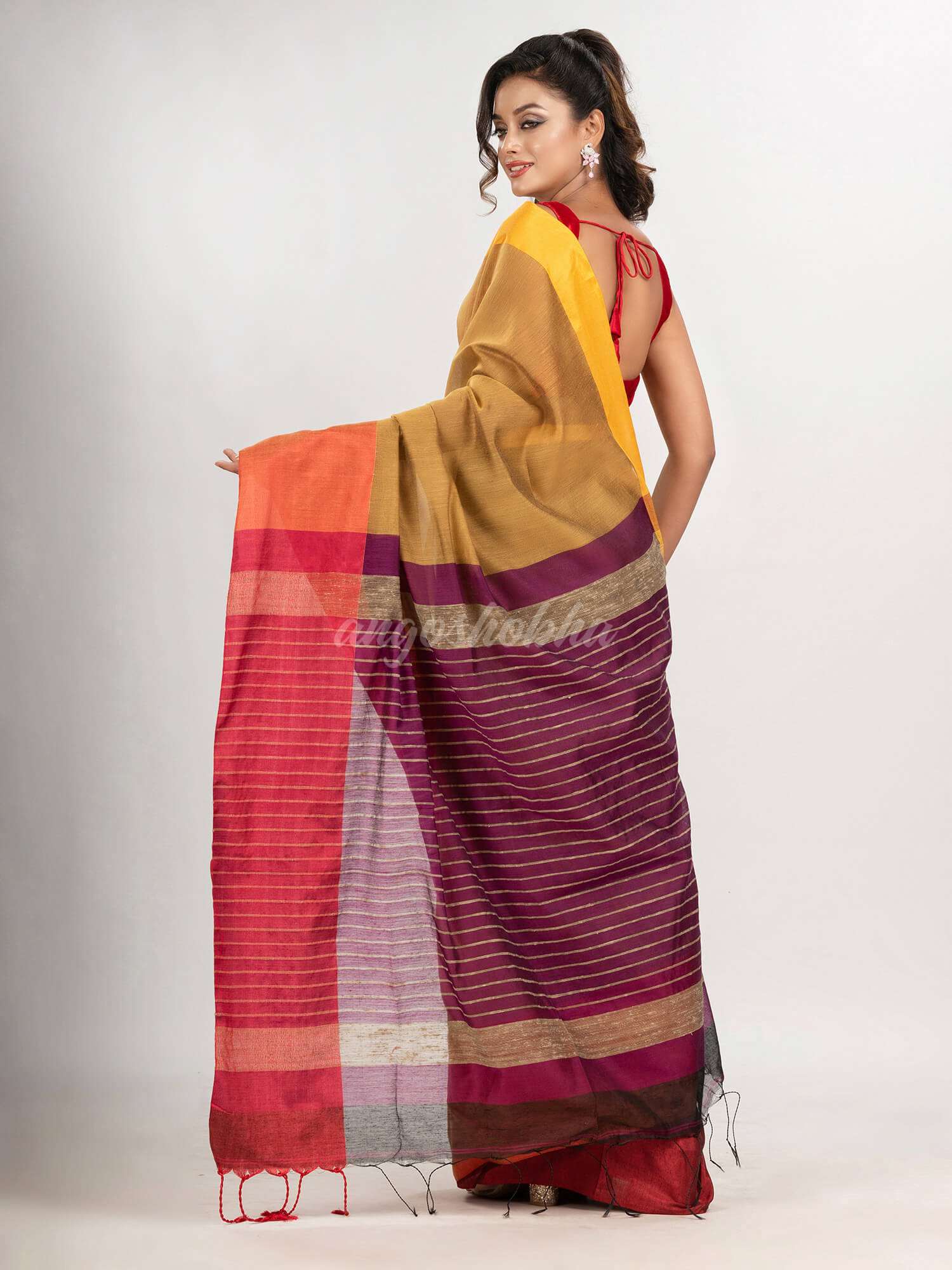 Beige & Black cotton blend half and half handloom saree