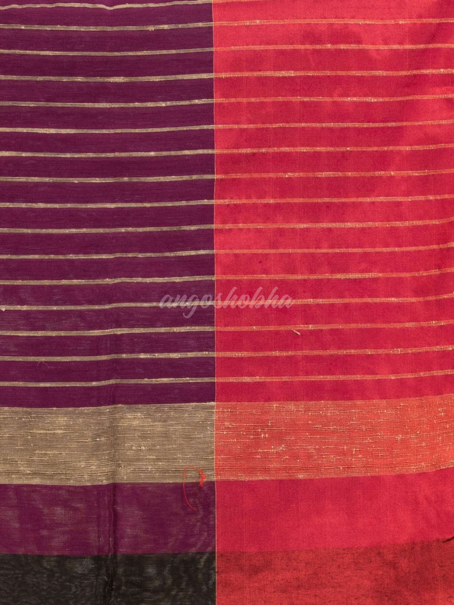 Beige & Black cotton blend half and half handloom saree