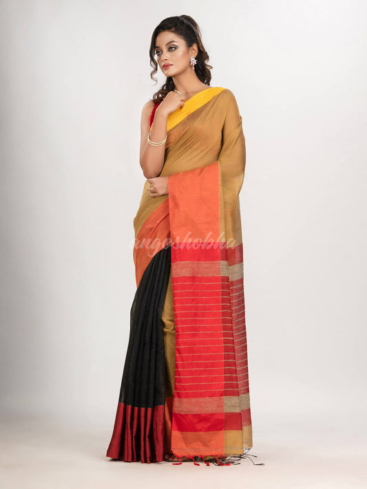 Muga & Black cotton blend half and half handloom saree