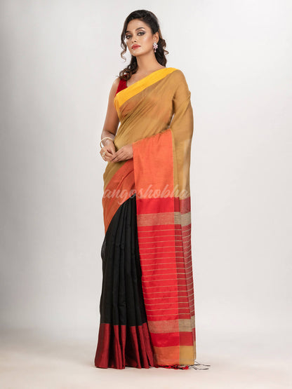 Muga & Black cotton blend half and half handloom saree