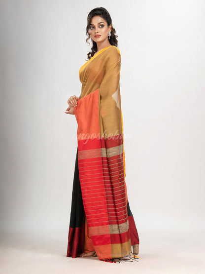 Muga & Black cotton blend half and half handloom saree