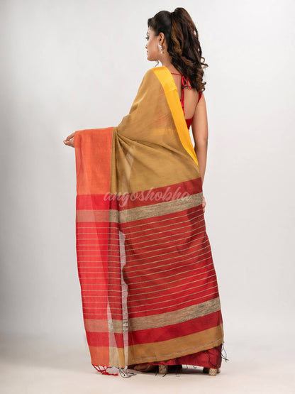 Muga & Black cotton blend half and half handloom saree