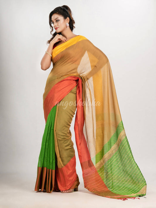 Muga & Light Green cotton blend half and half handloom saree