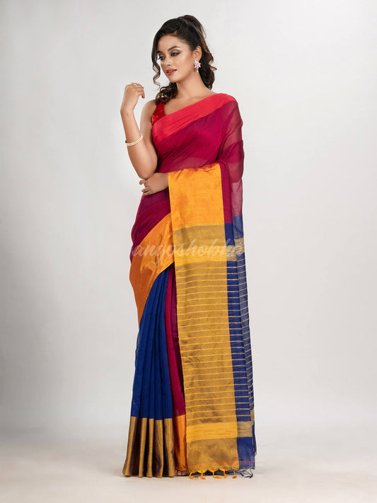 Rani & Blue cotton blend half and half handloom saree