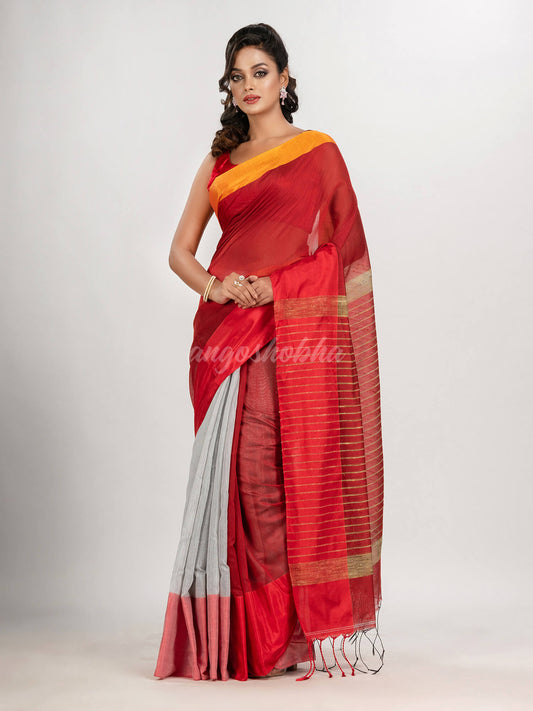 Red & White cotton blend half and half handloom saree