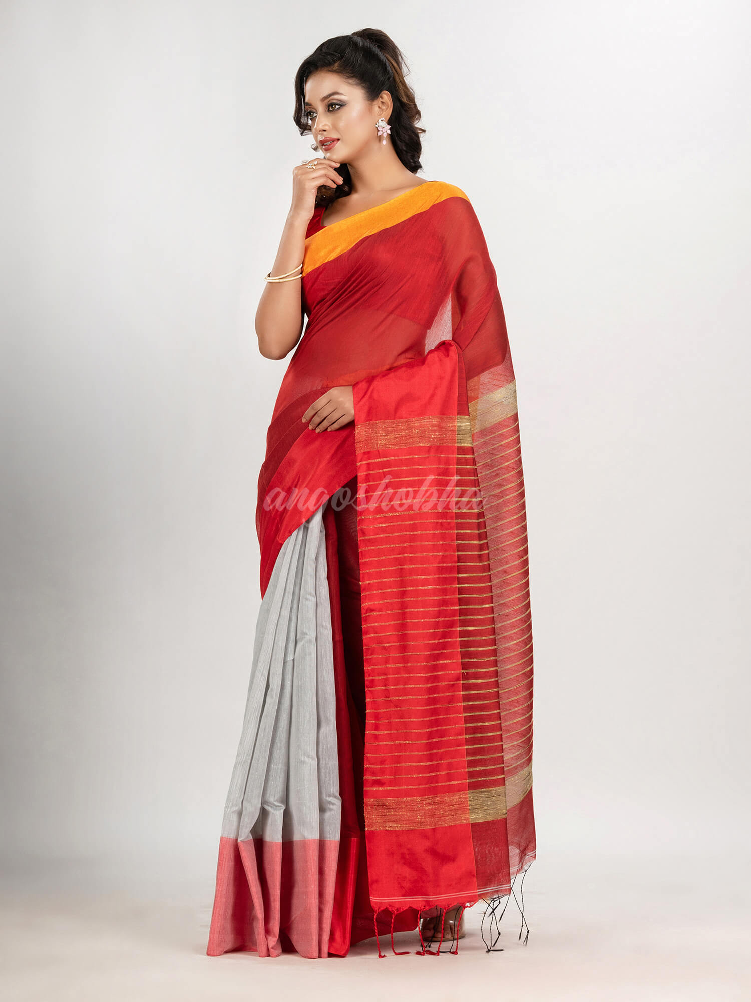 Red & White cotton blend half and half handloom saree