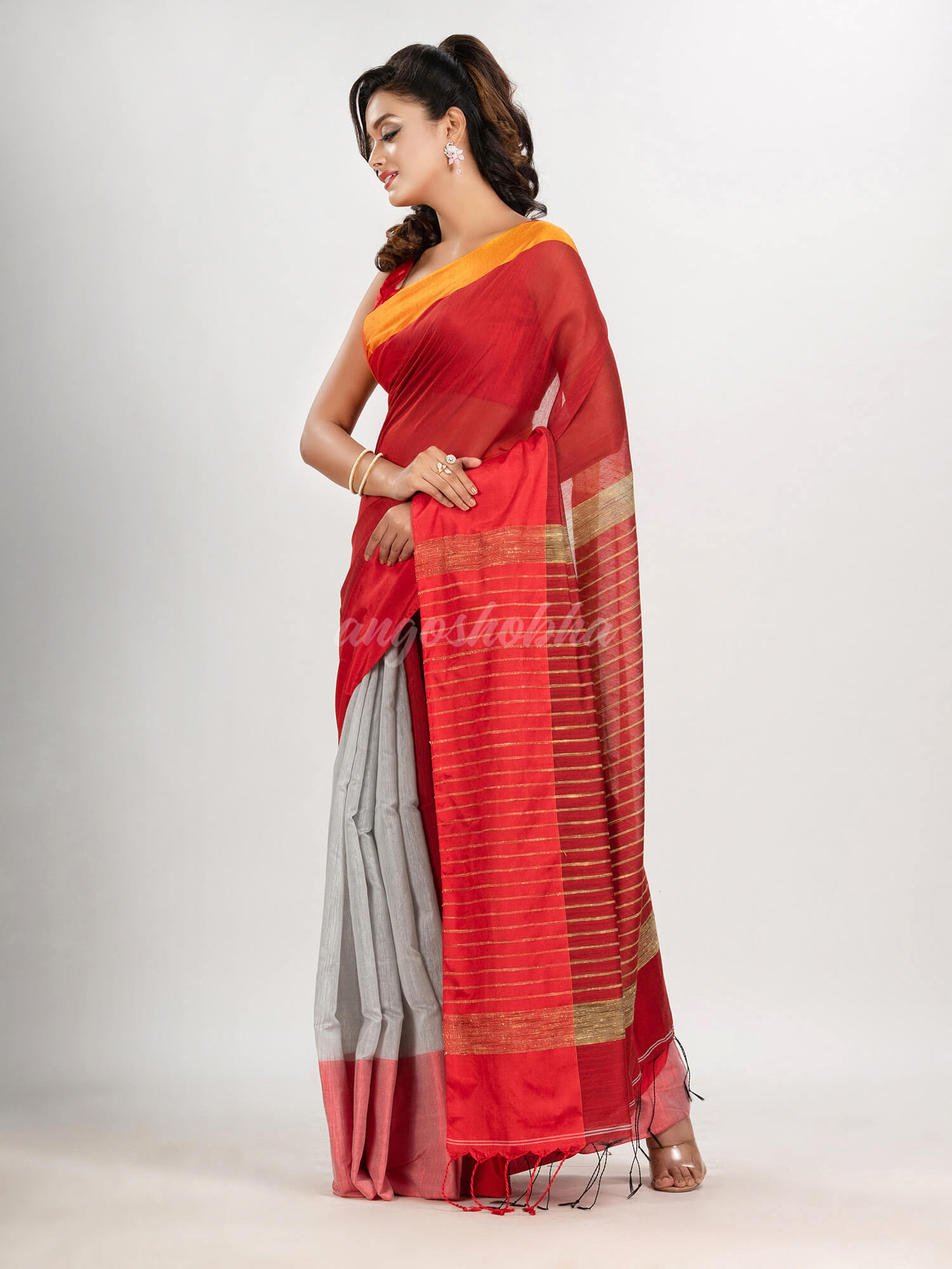 Red & White cotton blend half and half handloom saree