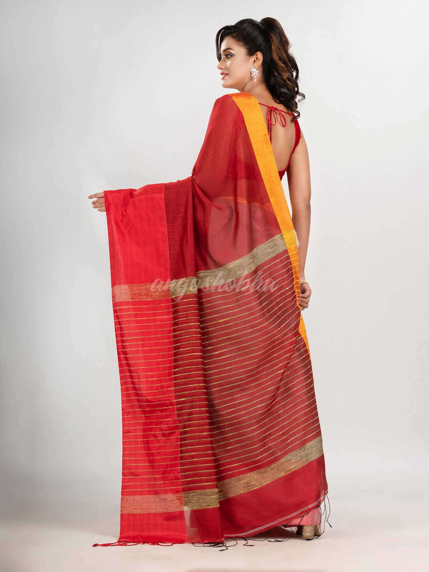 Red & White cotton blend half and half handloom saree