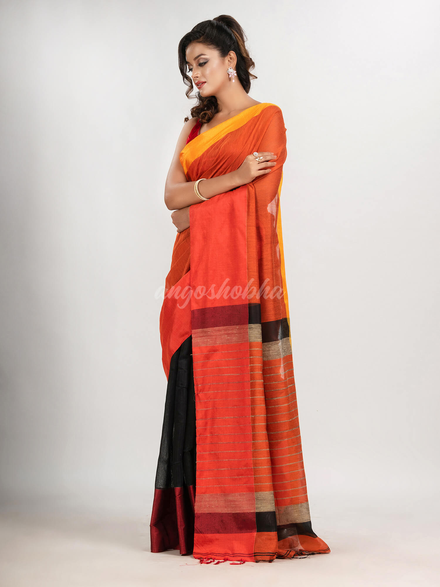 Orange & Black cotton blend half and half handloom saree