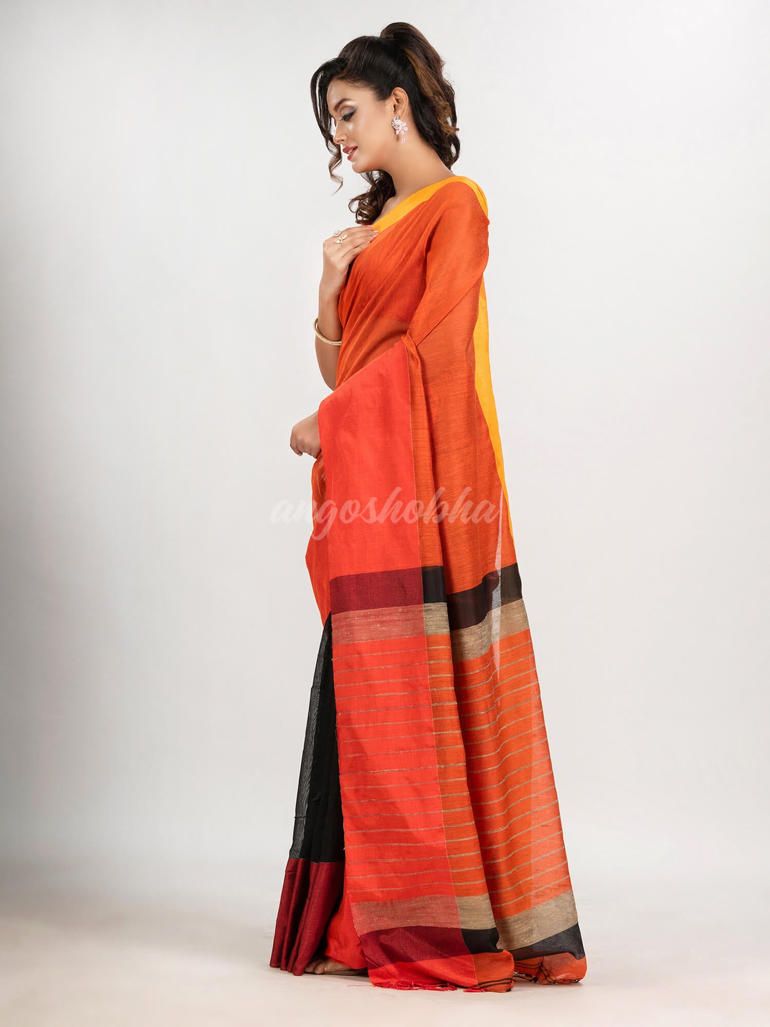 Orange & Black cotton blend half and half handloom saree