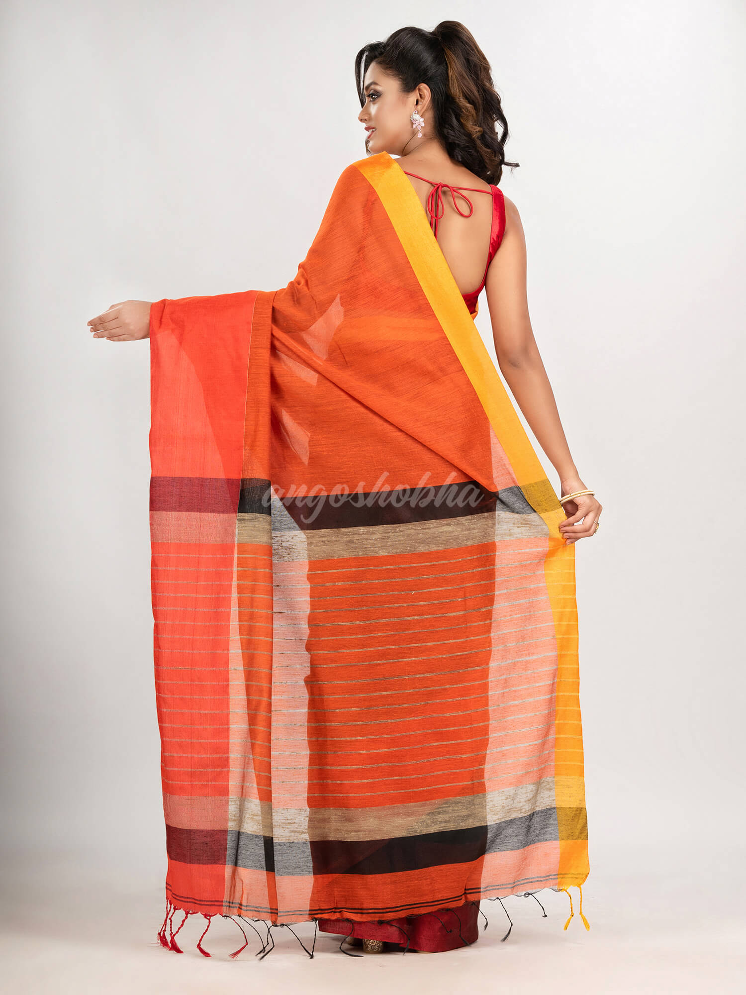 Orange & Black cotton blend half and half handloom saree