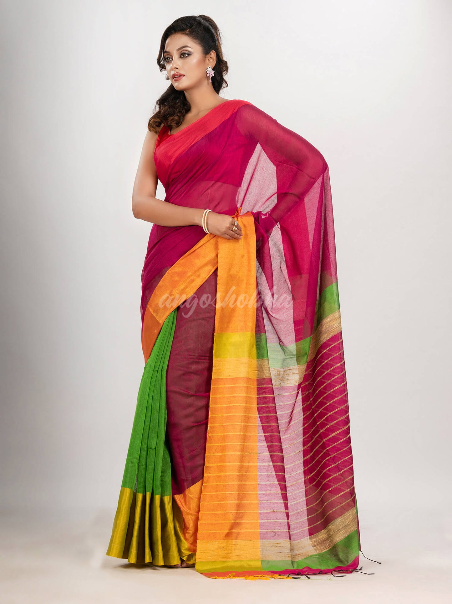 Cerise Pink & Green cotton blend half and half handloom saree