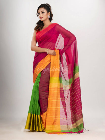 Cerise Pink & Green cotton blend half and half handloom saree