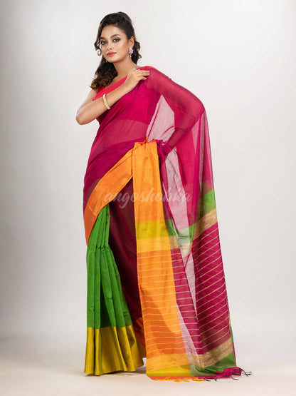 Cerise Pink & Green cotton blend half and half handloom saree