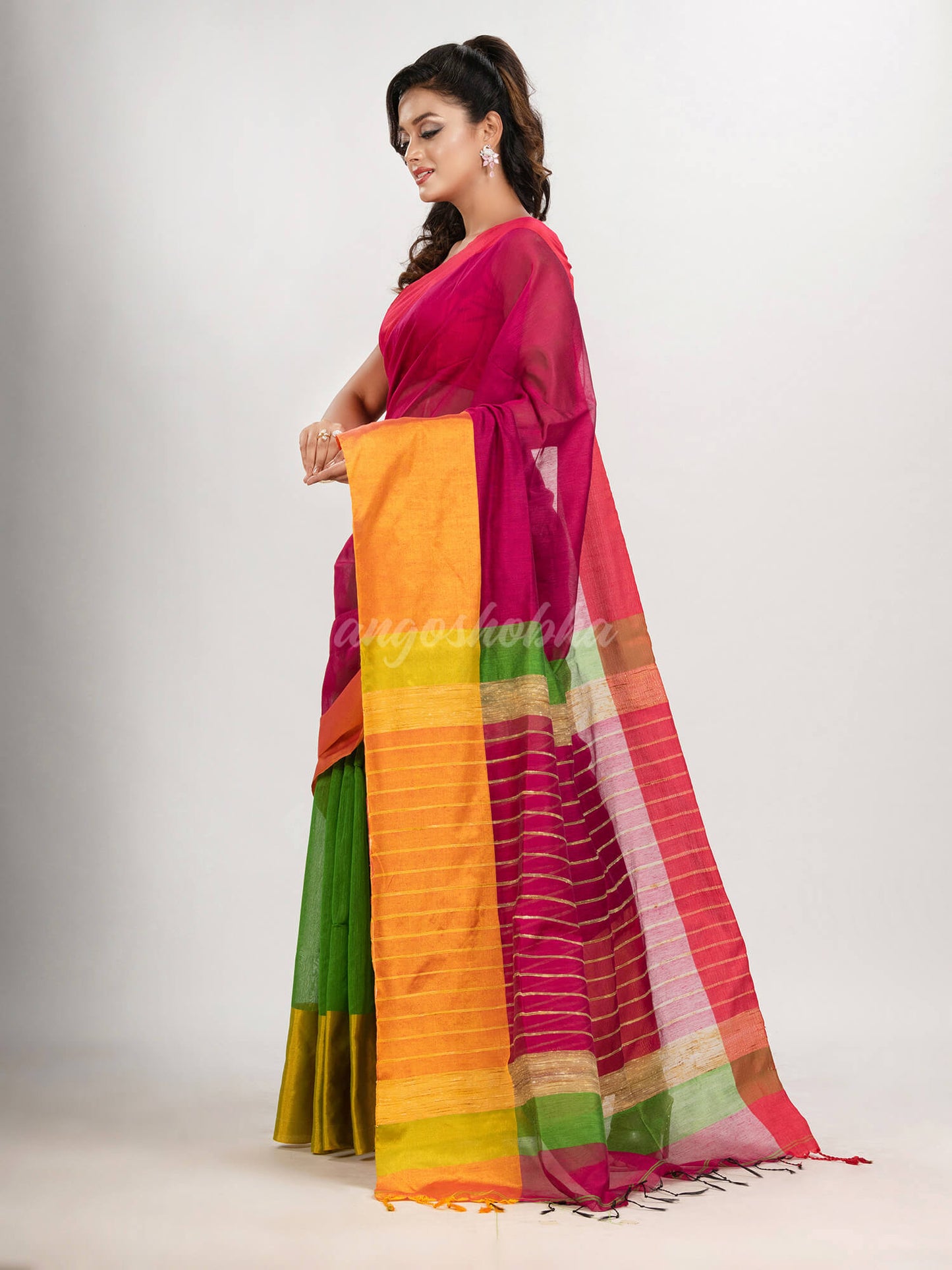 Cerise Pink & Green cotton blend half and half handloom saree