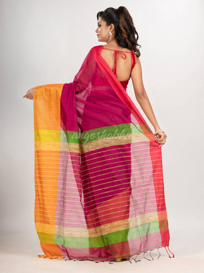 Cerise Pink & Green cotton blend half and half handloom saree