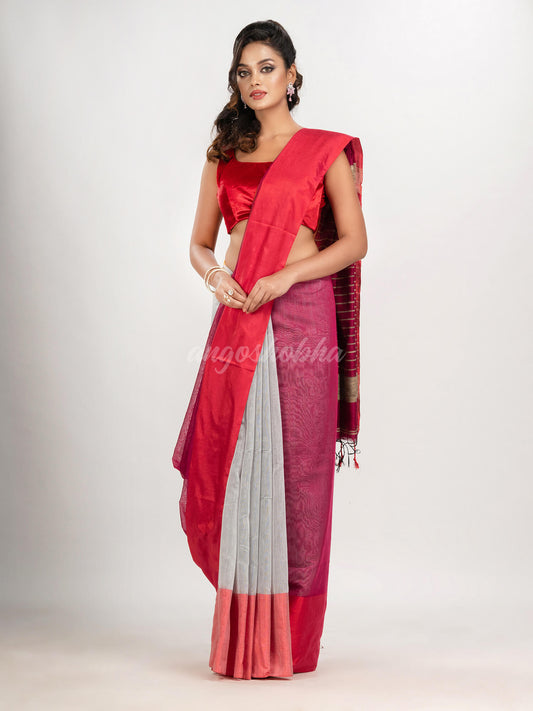 Cerise Pink & White cotton blend half and half handloom saree