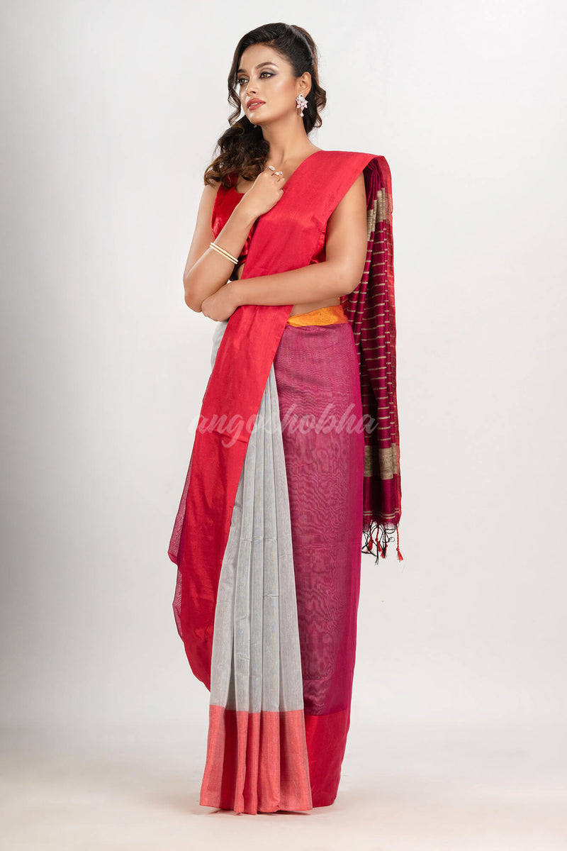 Cerise Pink & White cotton blend half and half handloom saree