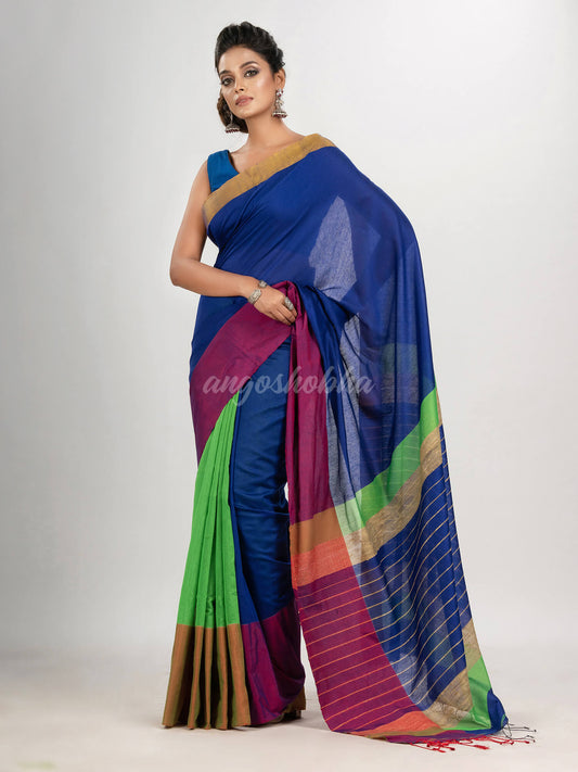 Blue & Green cotton blend half and half handloom saree