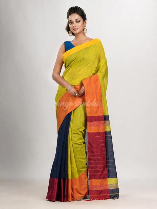 Yellow green & Nevy blue cotton blend half and half handloom saree