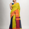 Yellow green & Nevy blue cotton blend half and half handloom saree
