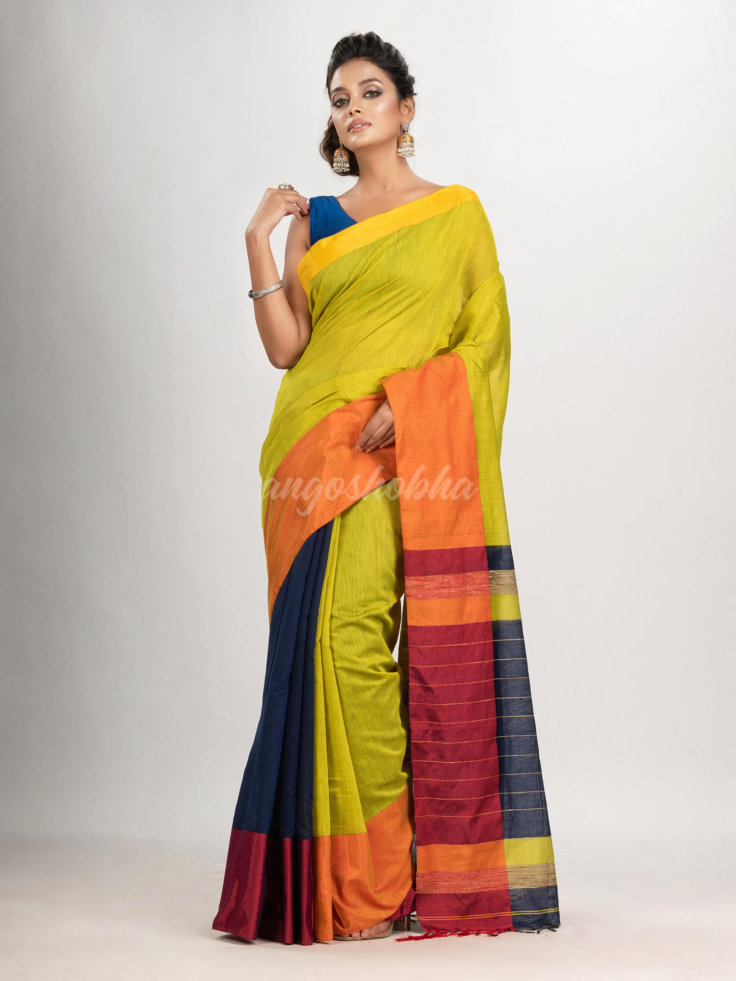 Yellow green & Nevy blue cotton blend half and half handloom saree
