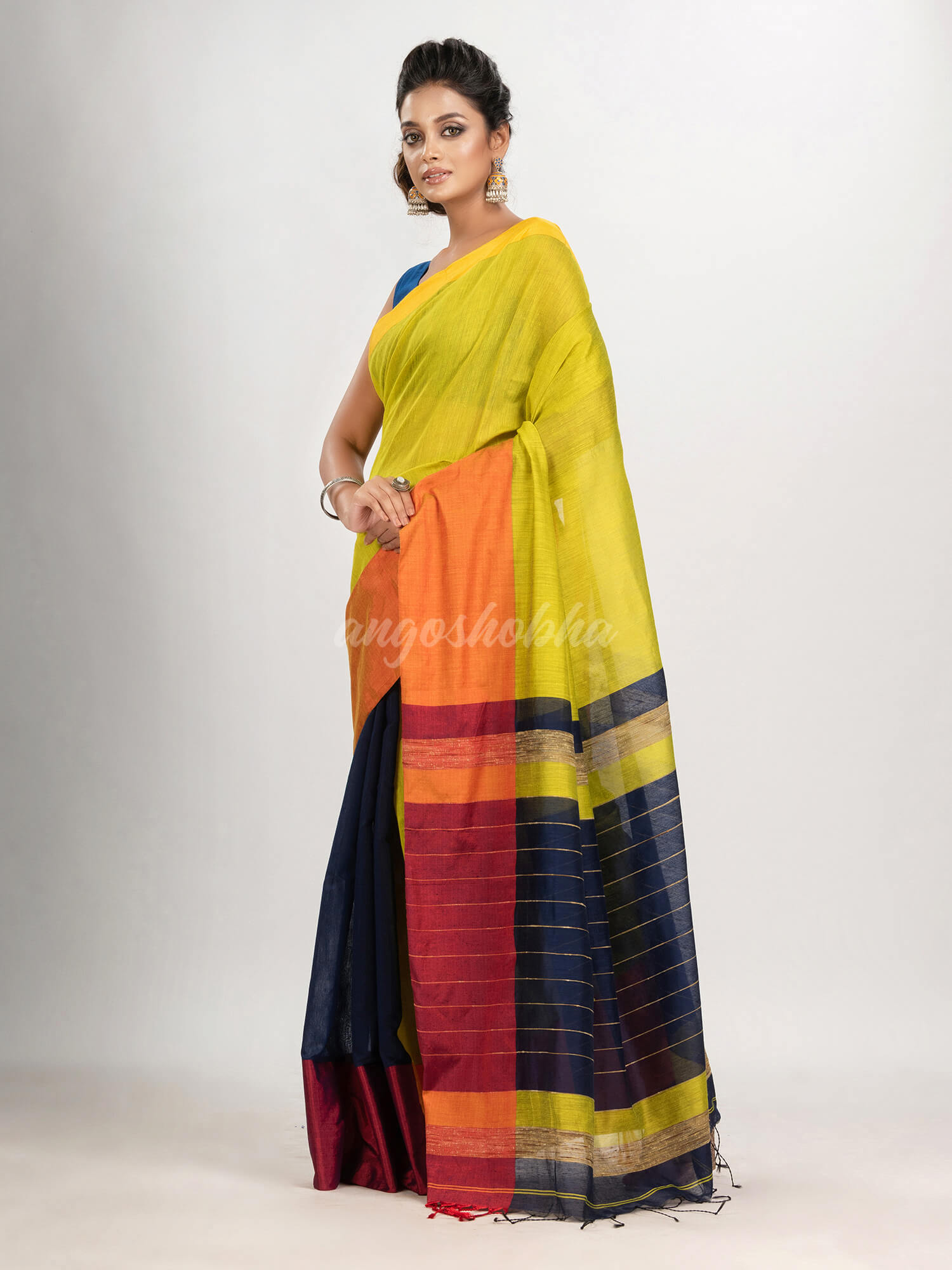 Yellow green & Nevy blue cotton blend half and half handloom saree