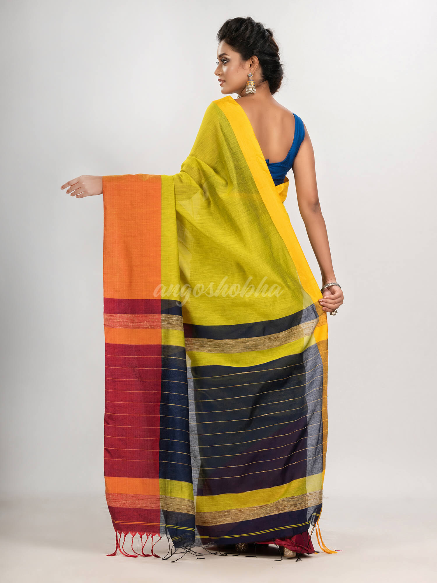 Yellow green & Nevy blue cotton blend half and half handloom saree