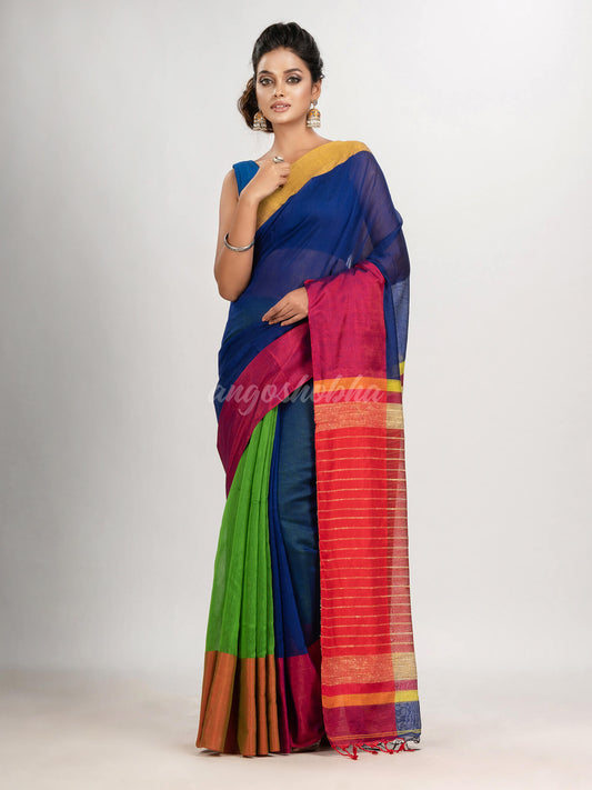 Blue & Green cotton blend half and half handloom saree