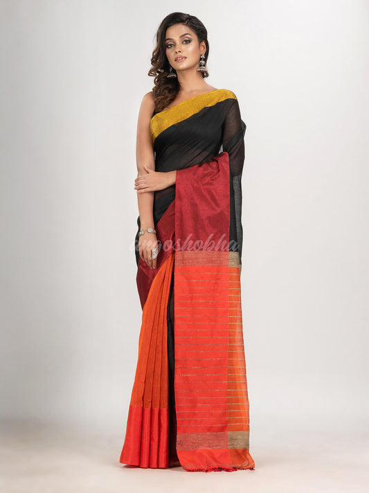 Black & Orange cotton blend half and half handloom saree