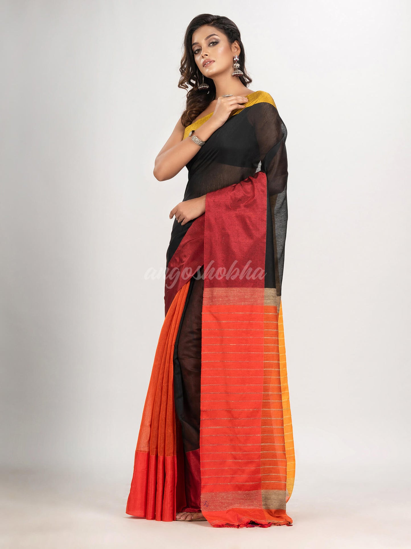 Black & Orange cotton blend half and half handloom saree