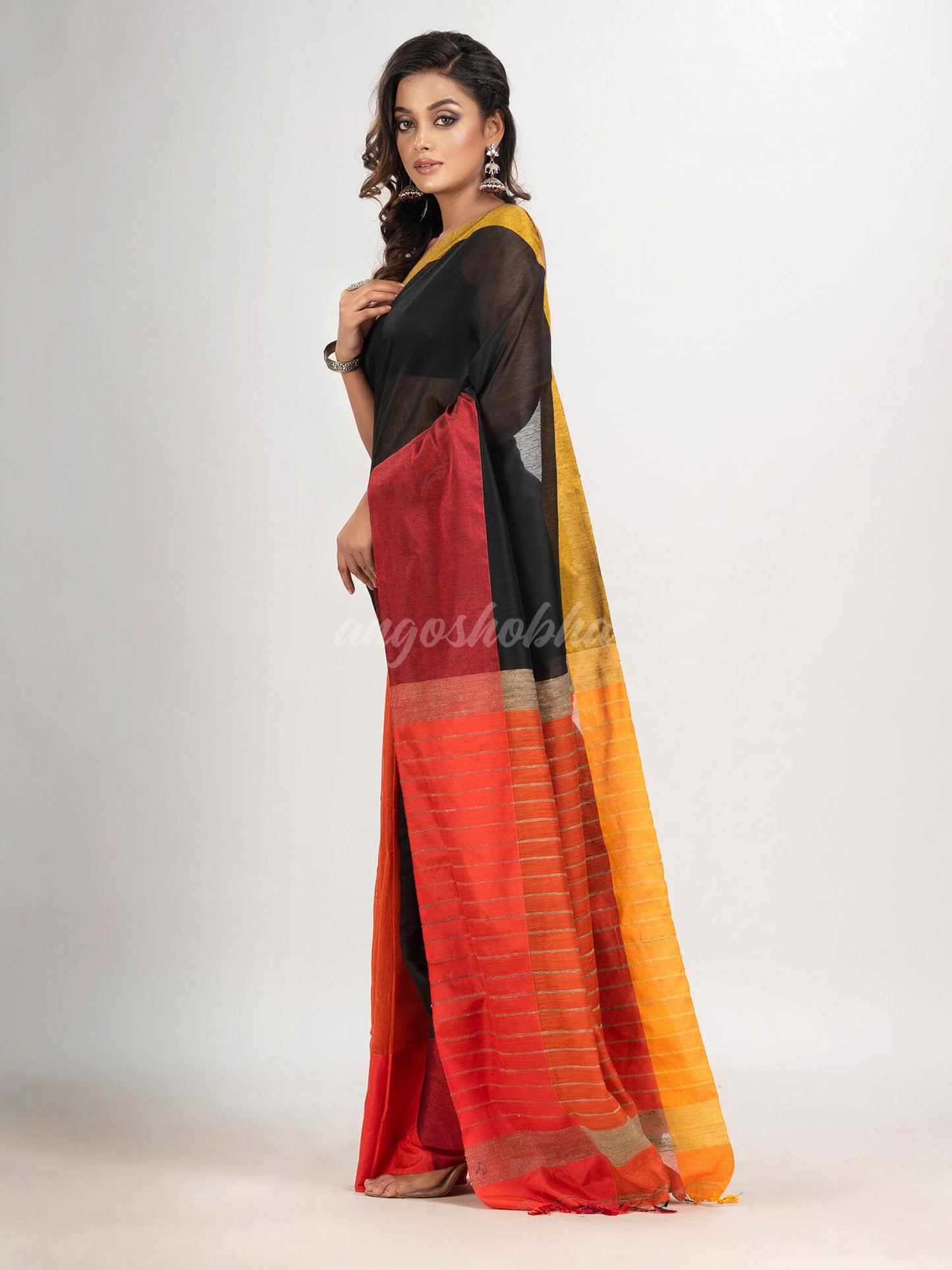 Black & Orange cotton blend half and half handloom saree