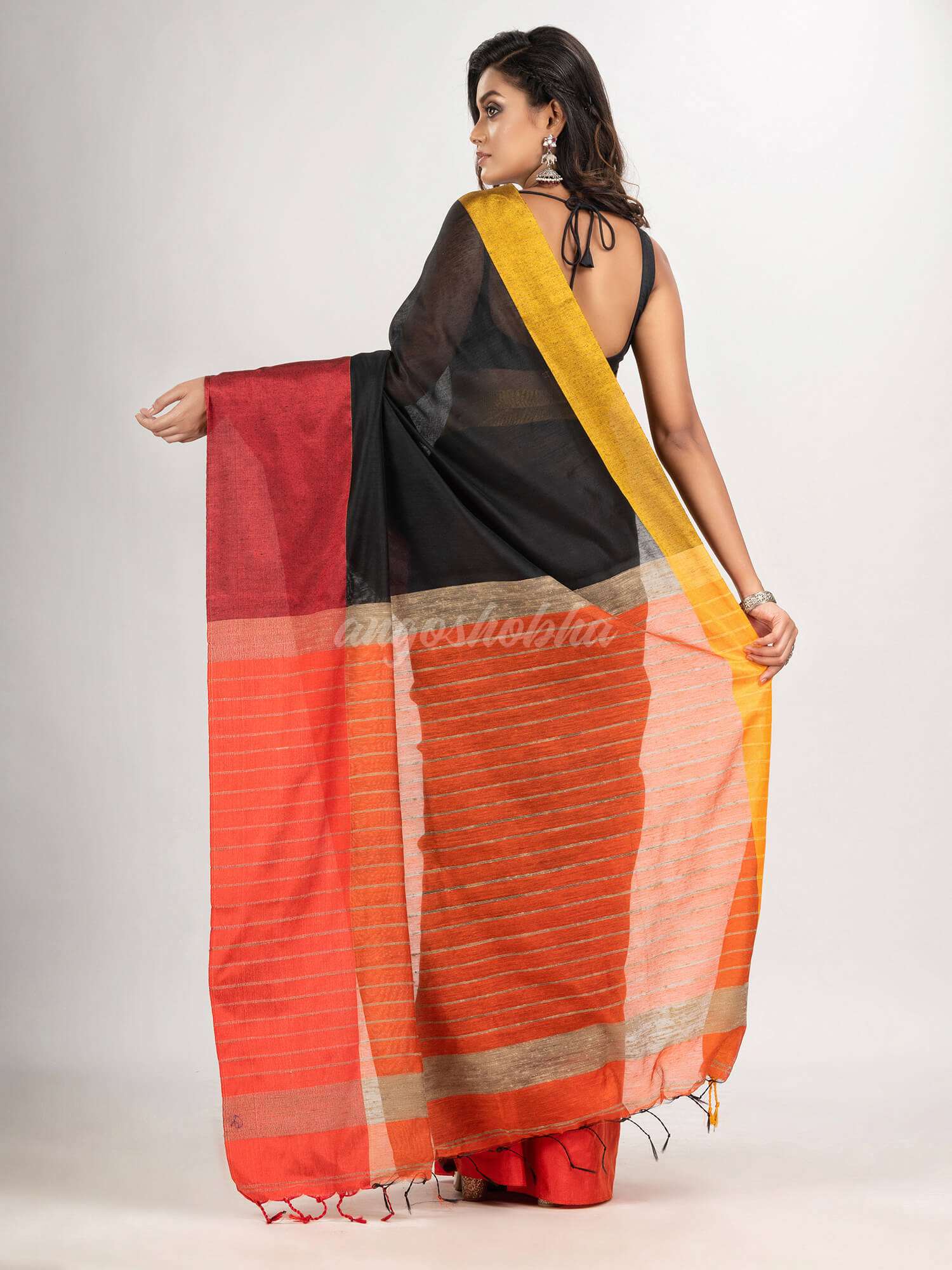 Black & Orange cotton blend half and half handloom saree