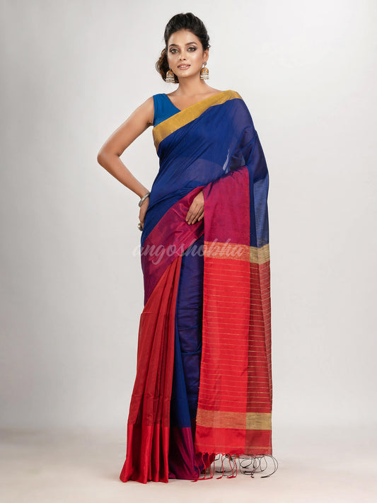 Blue & Red cotton blend half and half handloom saree