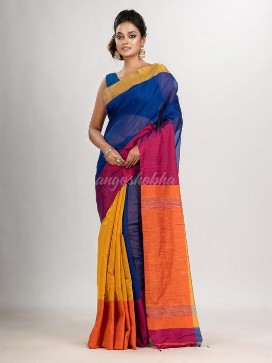 Blue & Yellow cotton blend half and half handloom saree