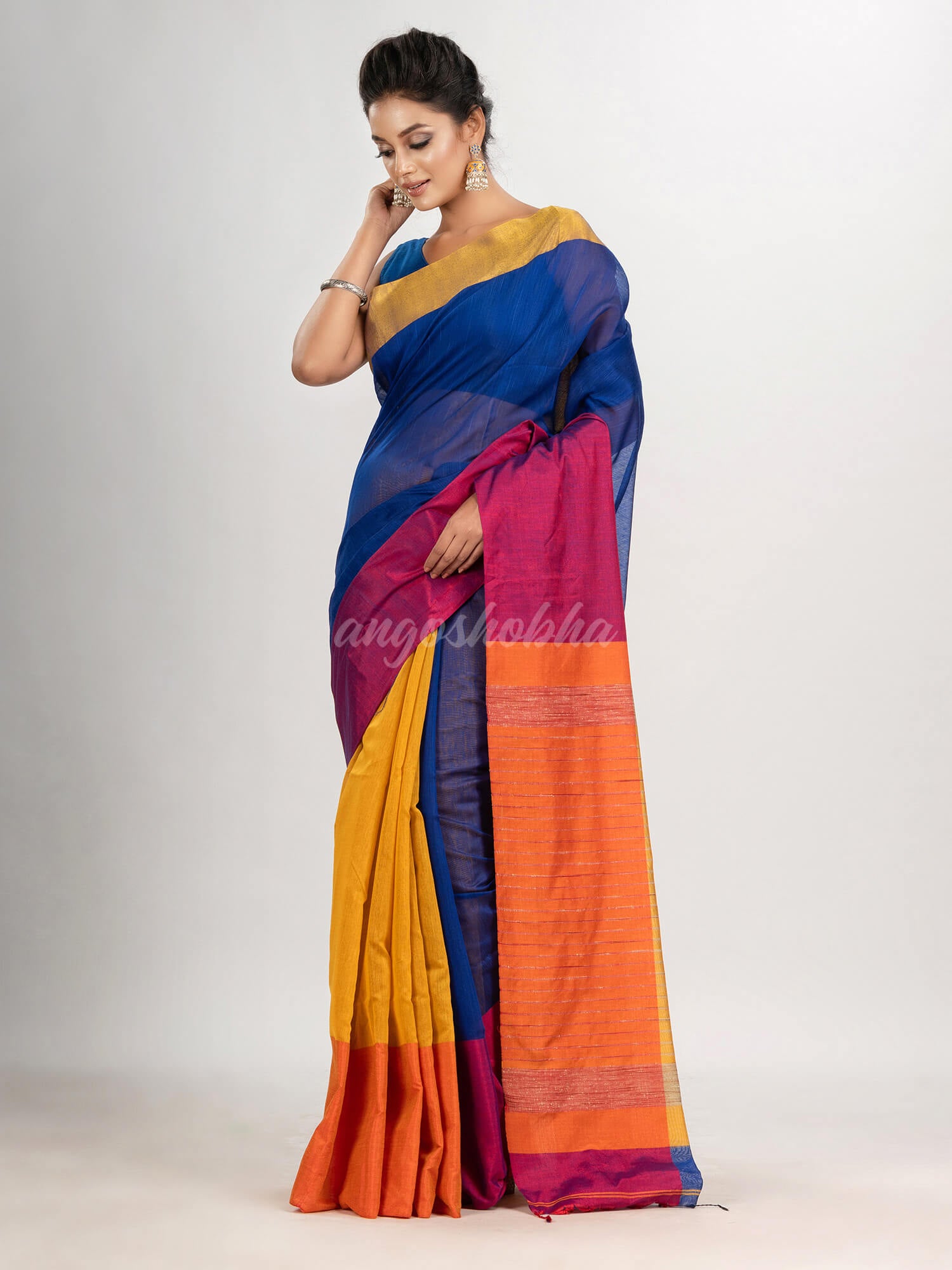 Blue & Yellow cotton blend half and half handloom saree