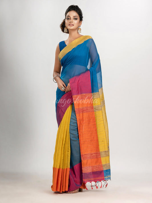 True blue & Yellow cotton blend half and half handloom saree