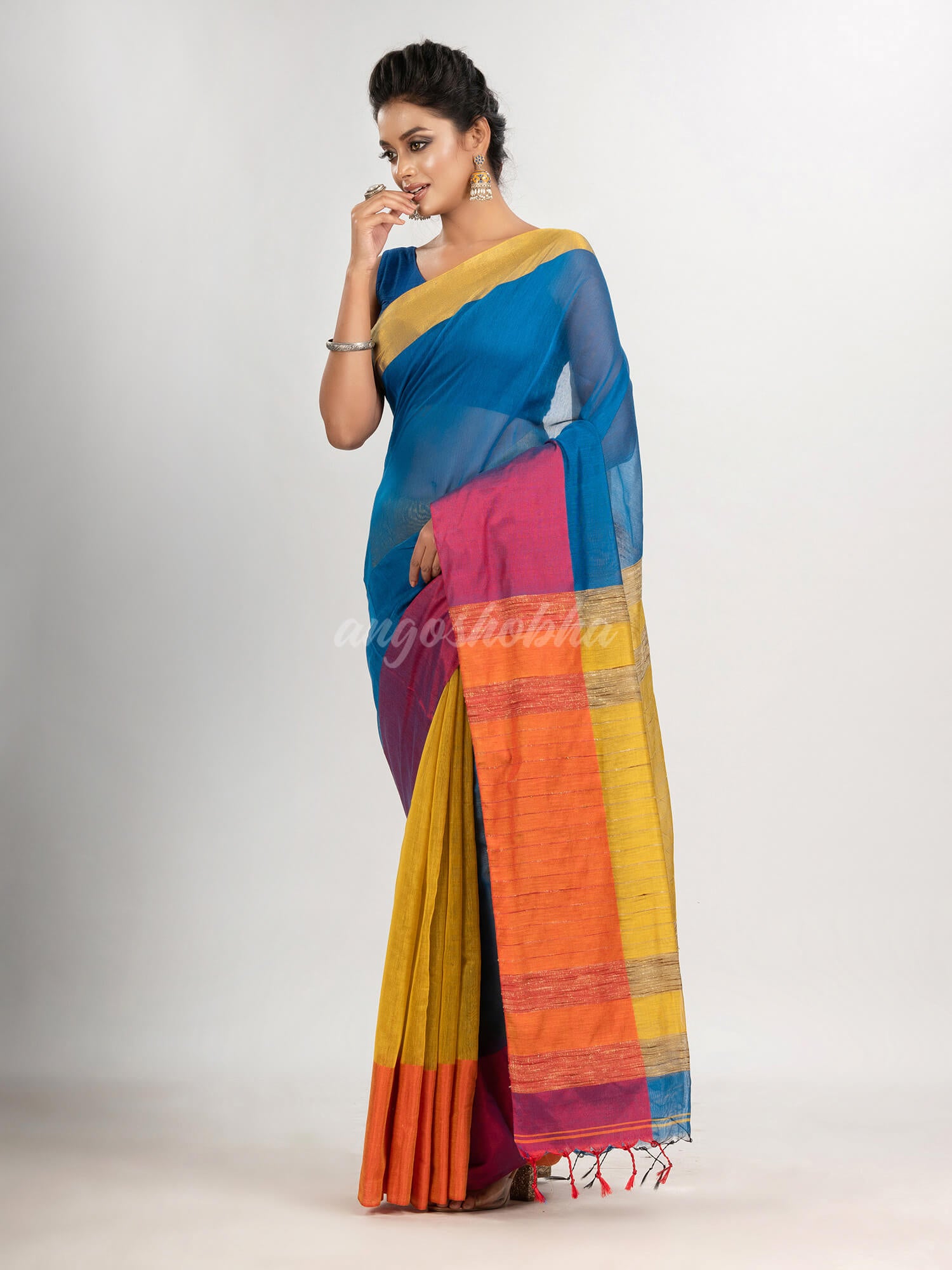 True blue & Yellow cotton blend half and half handloom saree