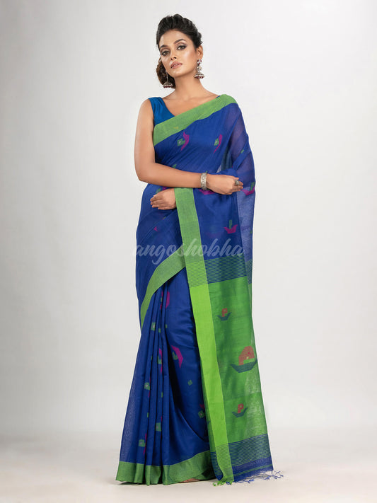 Royal blue cotton blend all body boat motive with pallu green jamdani saree