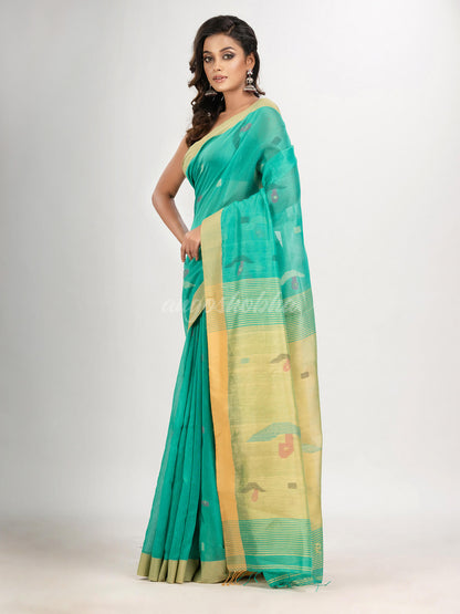 Mint green cotton blend all body boat motive with pallu muga jamdani saree