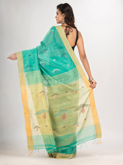 Mint green cotton blend all body boat motive with pallu muga jamdani saree