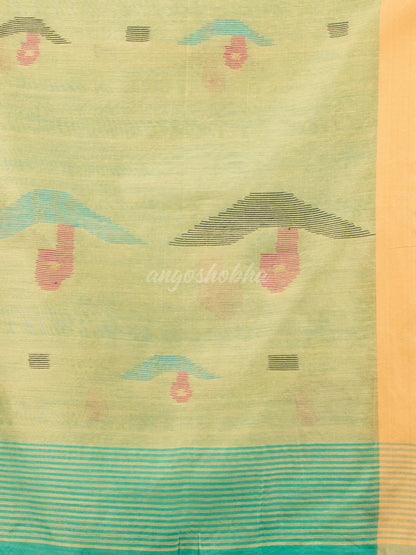 Mint green cotton blend all body boat motive with pallu muga jamdani saree